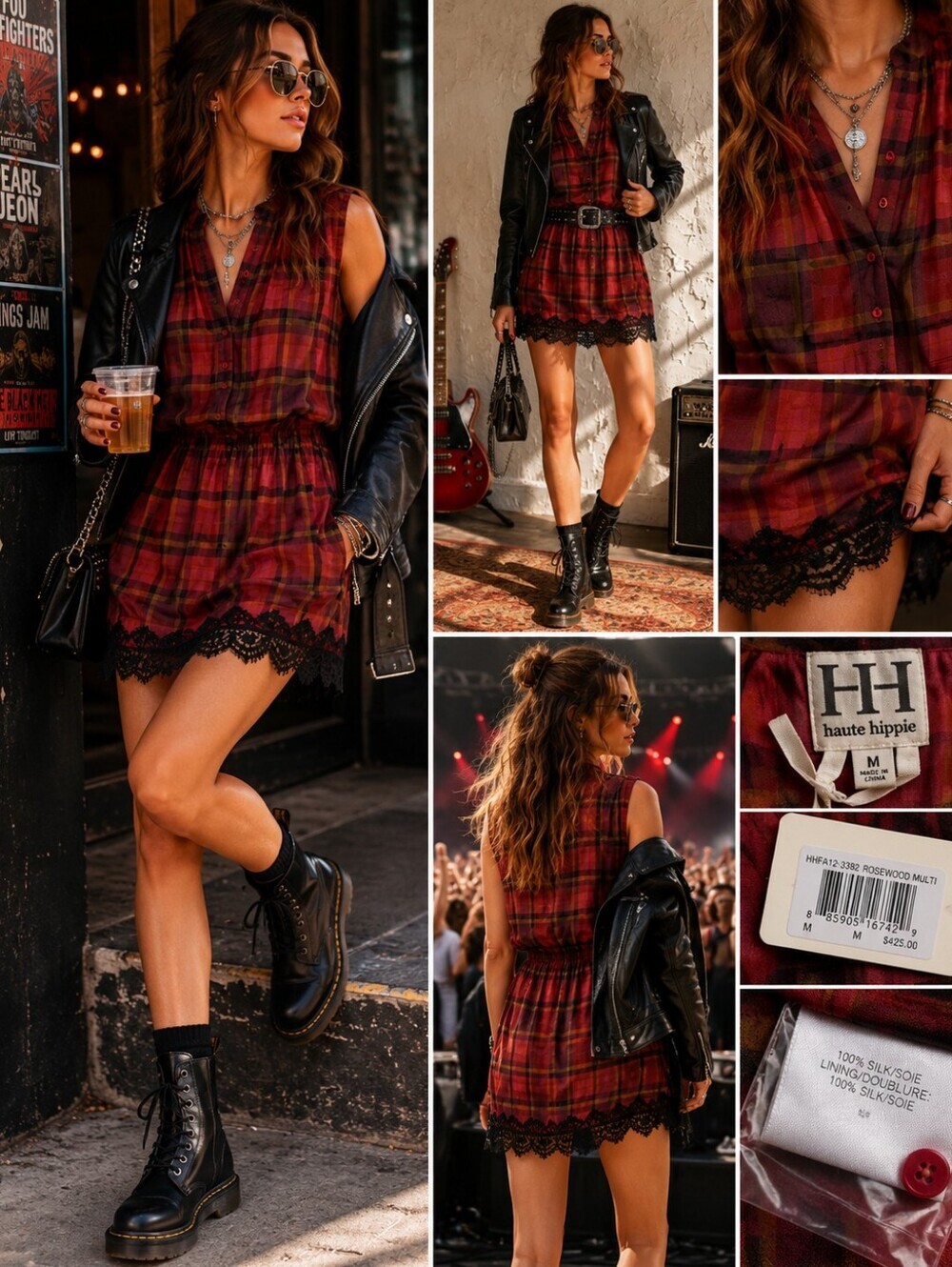NWT Haute Hippie Rosewood Multi Silk Plaid Dress Lace Hem Sleeveless Size M